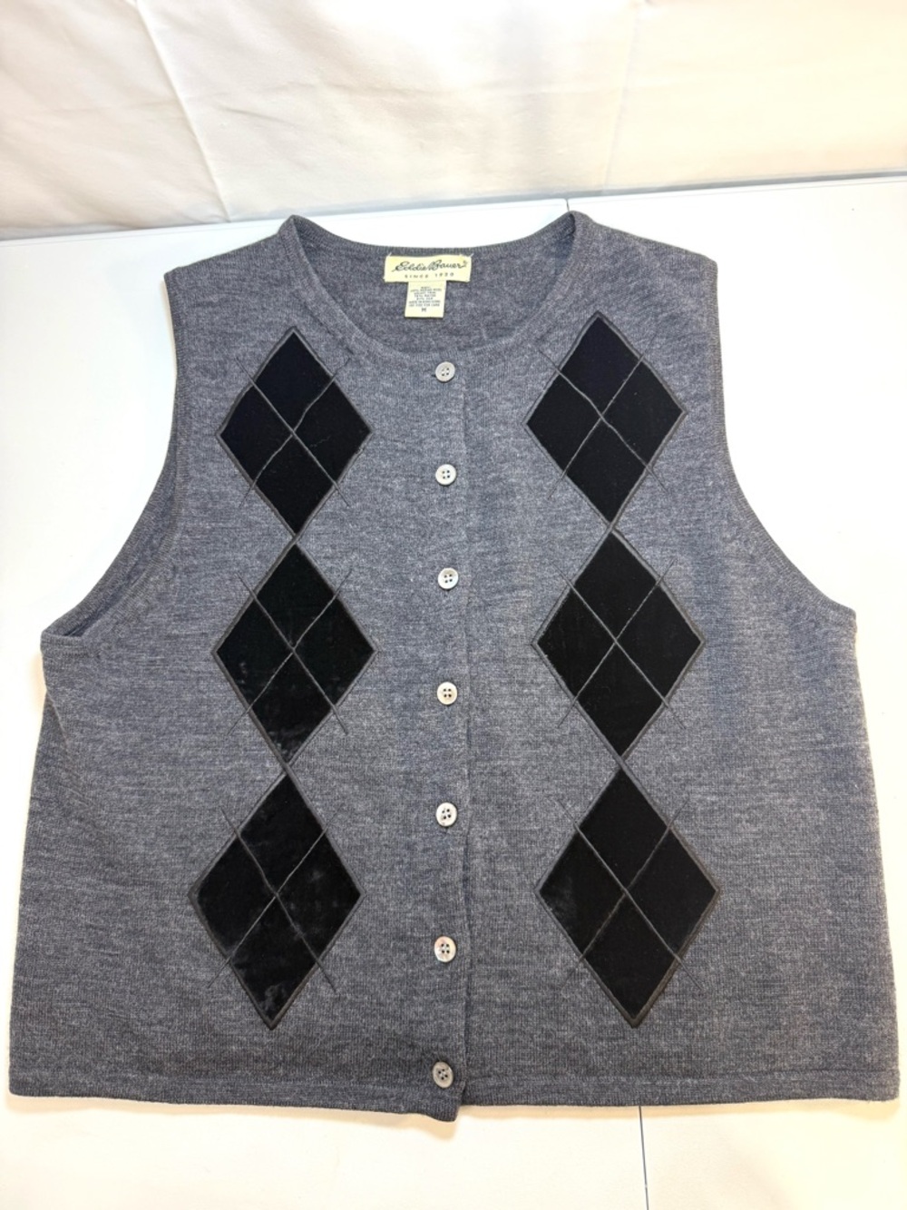 Eddie Bauer Merino Wool Argyle Sweater Vest M Gray Button Front Vintage